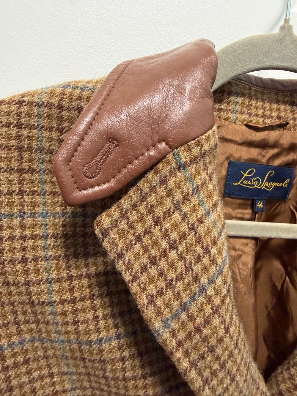 Luisa Spagnoli Jacket w/Leather Collar Plaid Dark‎ Academia Quiet Luxury Size 4 - Picture 3 of 9